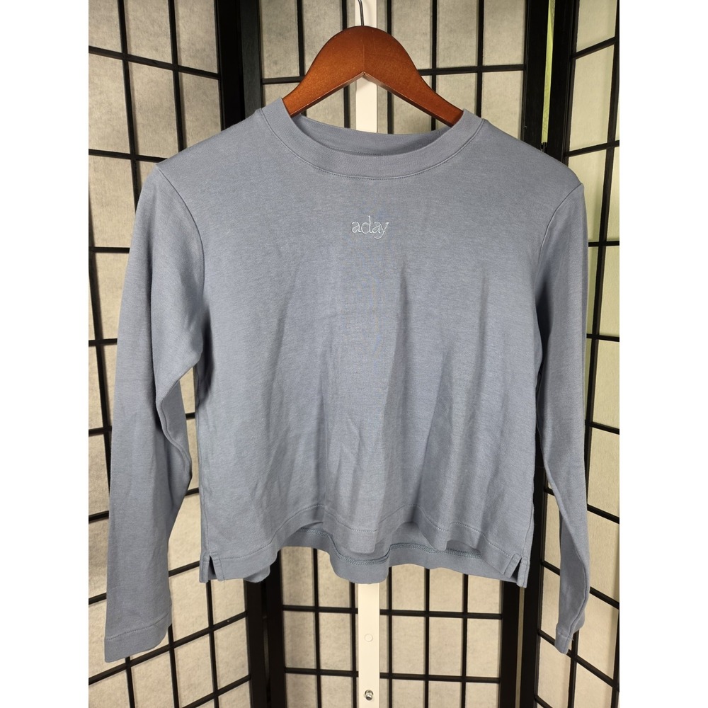 ADAY Crop T-Shirt Womens Size S Long Sleeve Blue Overhead Top Organic Cotton